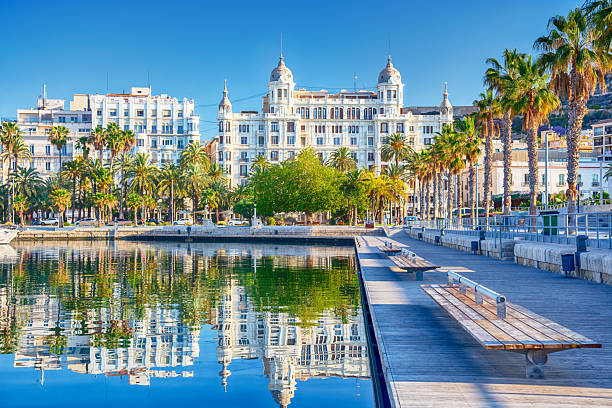 Magnificent views of the Mediterranean coastline and docked yachts from Alicante’s Port Square, Spain