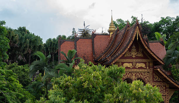 istock Ornate Buddhist temple roof framed by lush trees. 2231617499