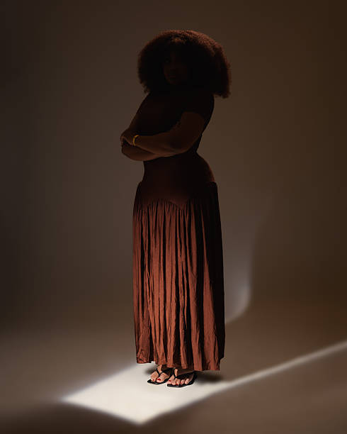 istock Silhouetted woman in long brown dress under dramatic studio lighting 2231617779