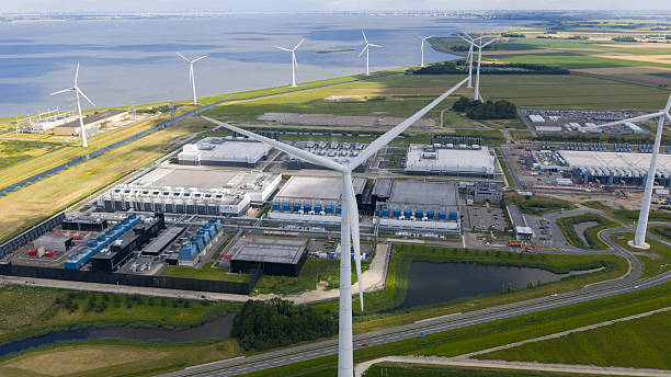 massive data center, computing center, aerial video in the Eemshaven, The Netherlands. Aerial photo.