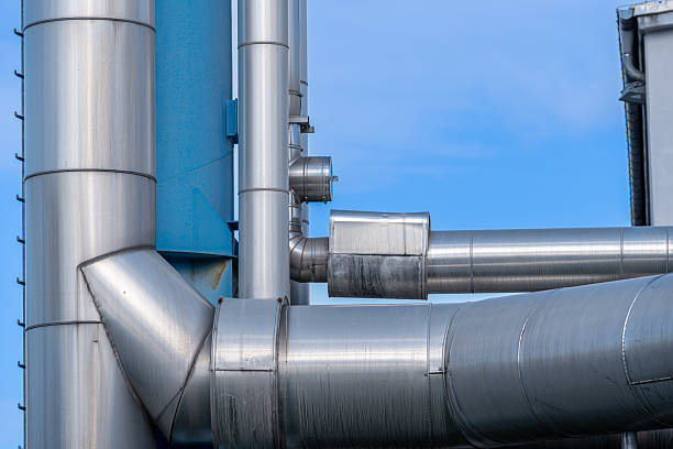 Germany, Berlin, Lichtenberg, August, 22, 2025 - Aluminum pipes from a factory
