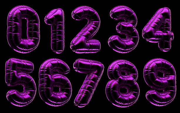 The photo shows 3D purple,  inflatable numbers with a metallic, shiny surface and reflective edges. The number looks like an inflated balloon, with smooth curves and realistic light reflections. It stands out against the black background, creating a contrast that emphasizes the shiny, crystal effect. The lighting emphasizes the metallic nature of the material and highlights subtle details. The overall impression is one of a modern and elegant design.