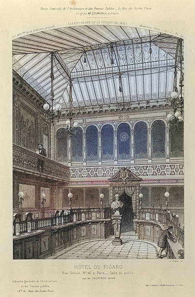 French architecture, Newspaper office reception, interior of the hotel du Figaro in Paris at 26, rue Drouot, Vintage illustration 19th Century, 1870s
