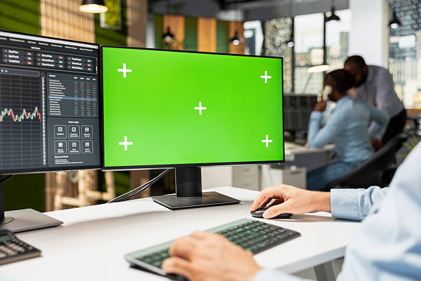 istock Close up of prop firm trader using mockup computer displaying candlestick graphs 2231653860
