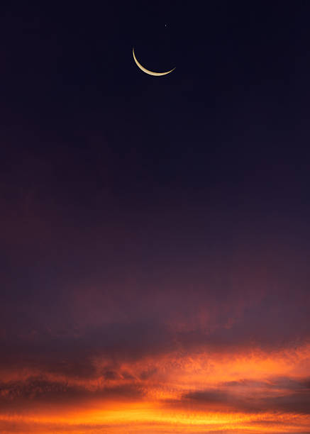 istock Crescent Moon on Twilight Sky in Evening Vertical with colorful sunlight after sundown, symbol Islamic Religion Ramadan 2231655220