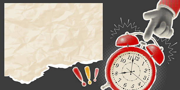 Collage in retro style, advertising banner background with halftone effect and place for text. Hand pointing to alarm clock, cut from a newspaper or magazine, crumpled torn paper. Vector illustration
