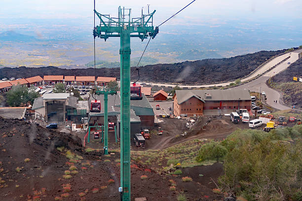 Mt Etna, Sicily, Italy, June 20, 2025. View from cable car  travelling up the volcanic mountain on Mediterranean Island. Summer day outdoors