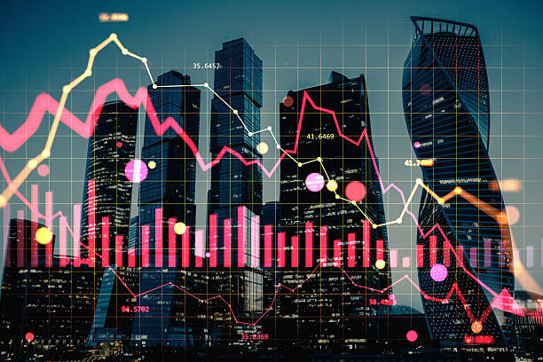istock Real estate market crash concept with red downward graph and falling stock chart over Moscow city buildings at night, symbolizing financial collapse. 2231657724