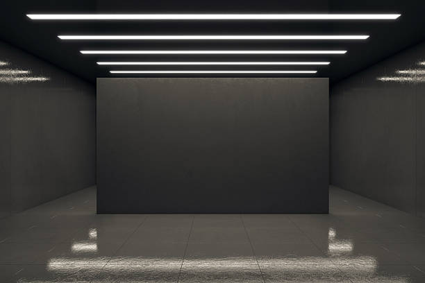 istock Dark modern empty room with blank wall and ceiling lights for mockup display in exhibition or showroom presentation background template. 3D Rendering 2231658024
