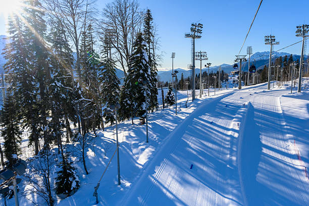 istock Snowy mountains and resort infrastructure against the bright sunny sky. 2231664271