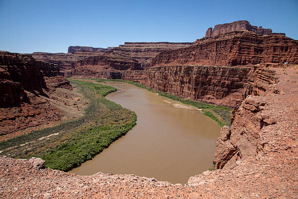 Elevated view of river and sandstone mountains, Moab, Utah