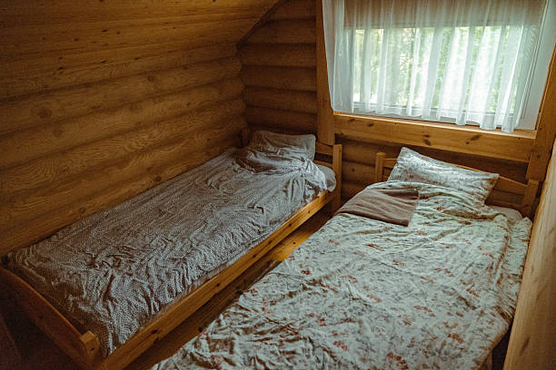 istock Two beds inviting guests in cozy log cabin bedroom 2231676572