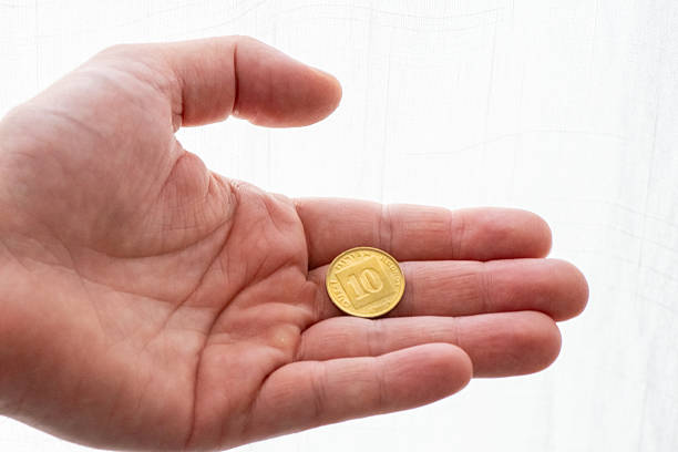 Close-up of a hand holding coins, symbolizing poverty, pension, low income, inflation, and financial hardship. Useful for illustrating articles about high prices, retirement savings, economic crisis, and social issues.