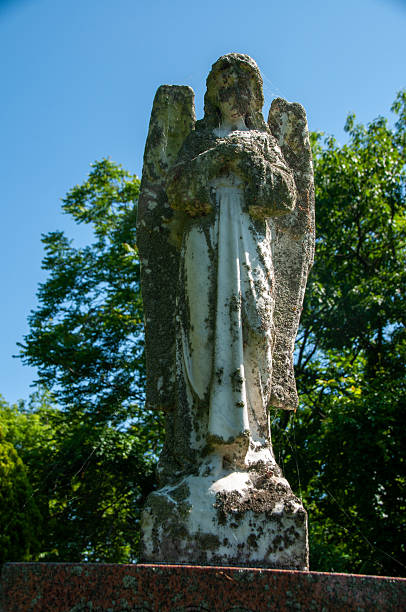 istock Weathered Stone Angel Statue in Outdoor Setting Surrounded by Lush Foliage 2231696278