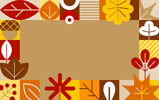Horizontal modern graphic autumn leaves frame. Simple geometric autumn background. Autumn icons. Fall concept.