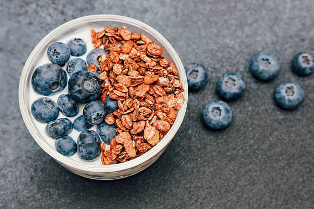 istock Healthy breakfast bowl with granola and blueberries on a dark surface 2231706622