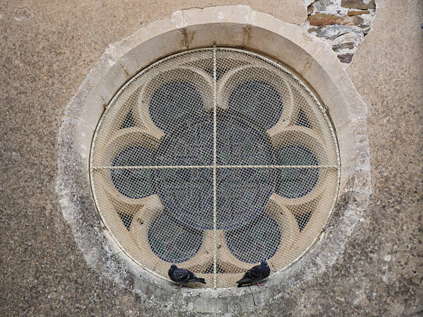 Stone opening, multi-lobed rose window. Backlit view. Guédelon Castle, France.