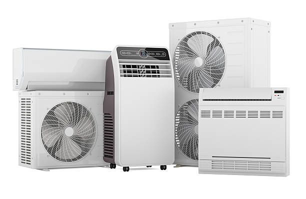istock Different types of air conditioners. Wall mounted split unit, portable floor standing cooler, outdoor condenser and indoor floor model, 3D rendering 2231717109