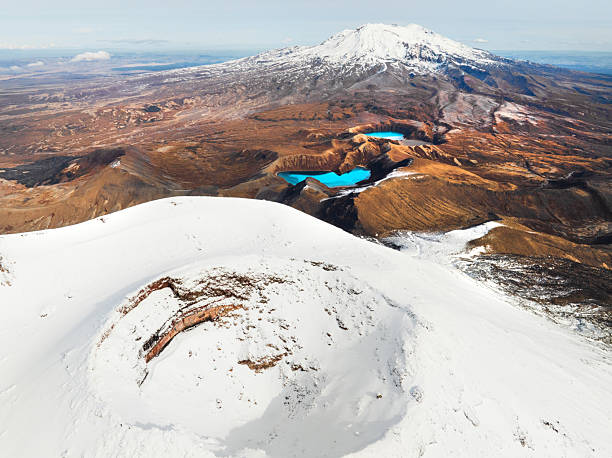 Volcano mountain  with a turquoise sulfur lake and jagged rocky mountain range.