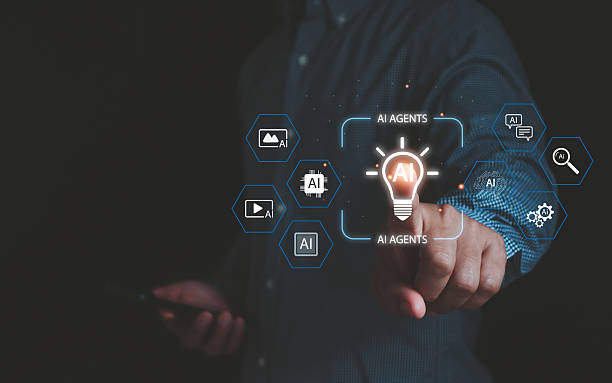 istock Futuristic business concept showing artificial intelligence agents, innovation and digital transformation technology with businessman hand pointing at AI icon for automation and data solutions. 2231719378