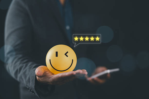 Customer review satisfaction feedback survey concept. User give rating to service experience on online application. Customer can evaluate quality of service, leading to reputation ranking of business