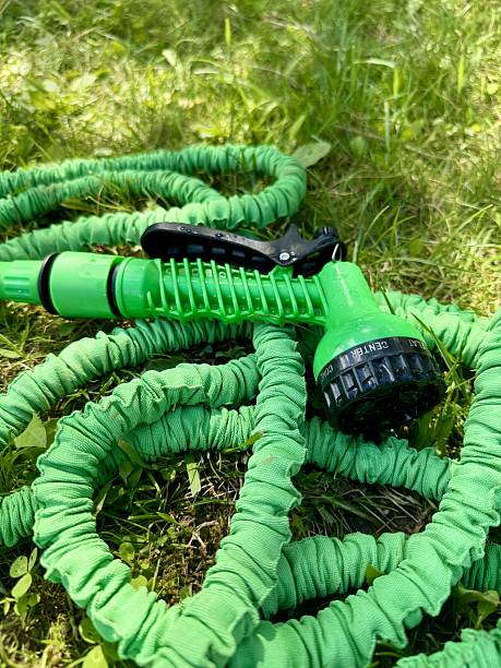 istock Expandable green garden hose with spray nozzle on grass 2231722682