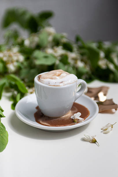 istock Rustic coffee still life: a cezve, a white espresso cup amid green leaves and white blossoms, and a foamy cappuccino overflowing onto its saucer 2231724355
