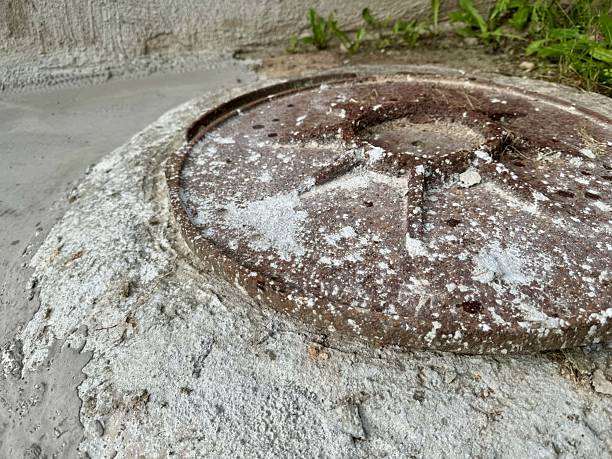 istock Old rusty metal hatch on concrete 2231727905