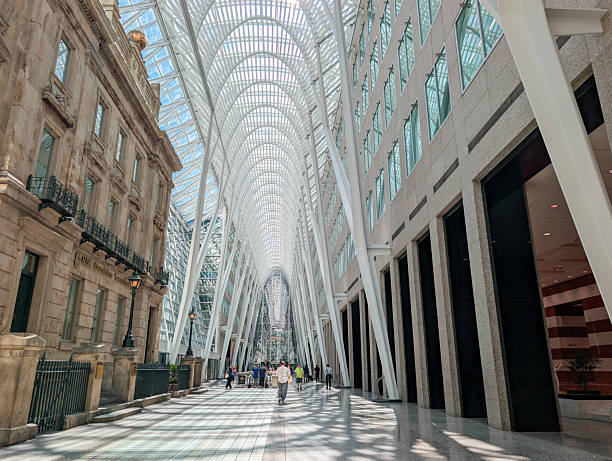 Toronto, Ontario - July 21, 2025: Steel and glass roof of the Allen Lambert Galleria at Brookfield Place