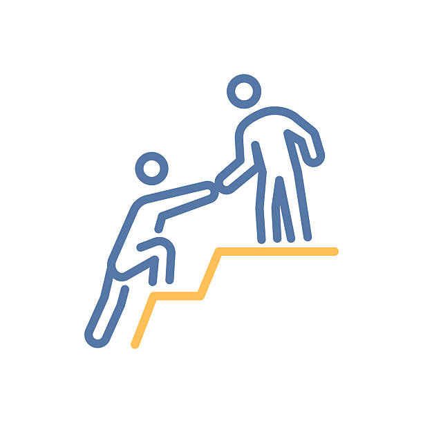 stockillustraties, clipart, cartoons en iconen met person giving helping hand up icon. support, guidance, mentorship, assistance, teamwork. vector thin line illustration. editable stroke. - coach
