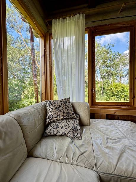 istock Cozy sofa with pillows by sunny wooden window 2231749100