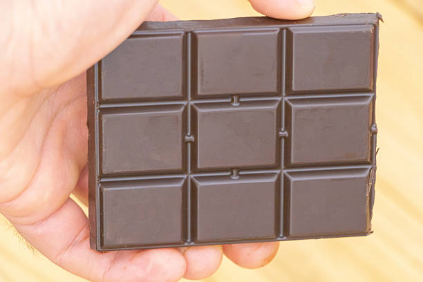 istock Hand holding dark chocolate bar with square pieces closeup 2231751776