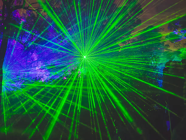 An artistic scene of green laser beams creating an array of mesmerizing pathways through the mist-filled, dark forest, illuminating the trees in an enchanting pattern. This image conveys a sense of mystery and wonder, perfect for themes of light shows, technology, and intriguing landscapes.