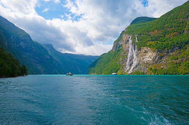 Waterfall falling from a mountain in a fjord in Jotunheimen National Park in Norway, August 5, 2025