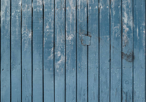 Old Rough Wooden Wall Painted Blue With Visible Wood Structure And Rings. Blue Wooden Boards Arranged Vertically. Close up. Weathered Wood.