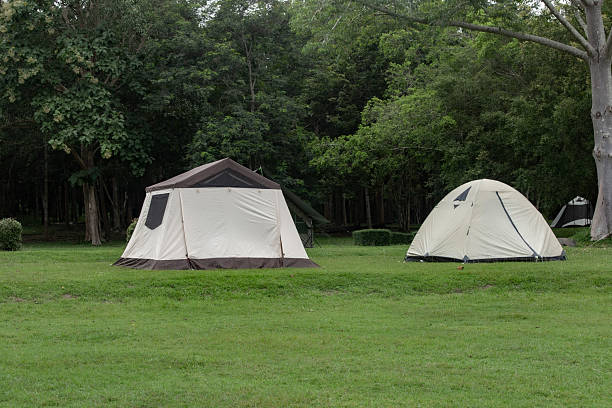 Blue backpacking tent pitched in a campsite surrounded by trees with a lake to fish behind for those who enjoy the outdoor lifestsyle.