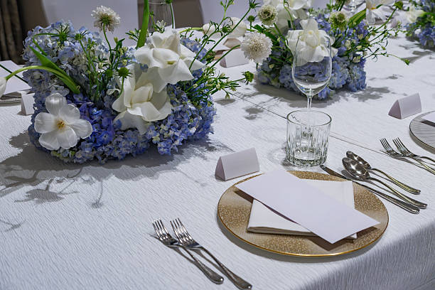 istock wedding reception dinner table suit set up with decoration flower before evening event start 2231767501