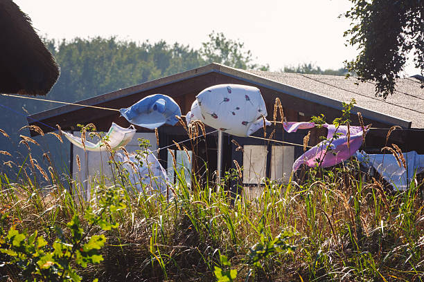 Fresh laundry on the clothesline in the wind.