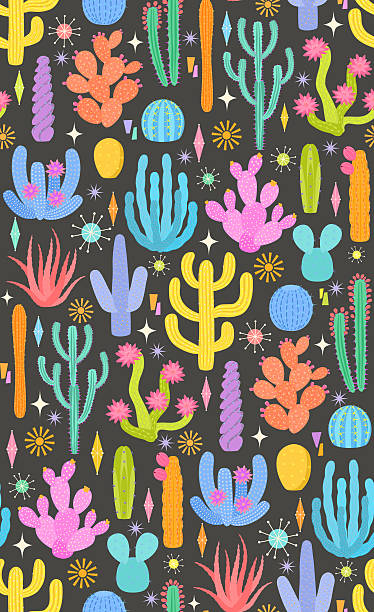 palm  springs cacti desert  and atomic age retro mid century modern geometric shapes starburst diamonds stars seamless pattern on dark midnight texture, vector illustration repeat design print