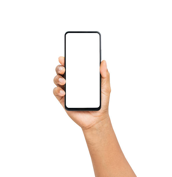 istock Hand holding the black smartphone with mockup of blank screen on isolated white background, Clipping path. 2231789607
