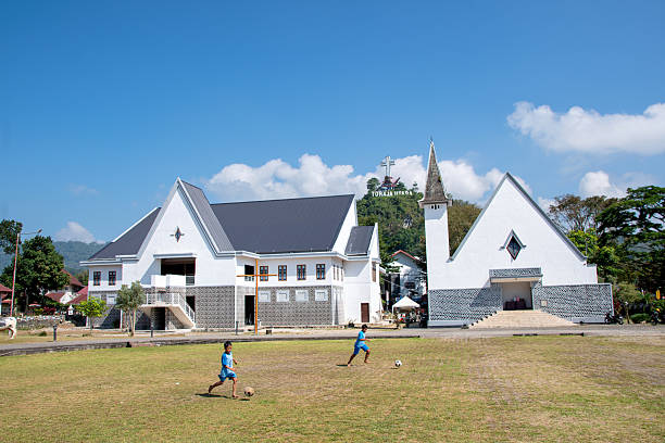 Students do morning exercises in the Gereja Toraja Jemaat Rantepao yard. Gereja Toraja is the largest Protestant church in Tana Toraja.