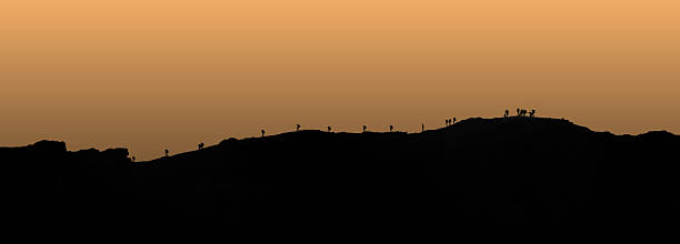 people hiking on a desert mountain ridge. only the  silhouette is visible against the sky. the figures are isolated walking one after the other.