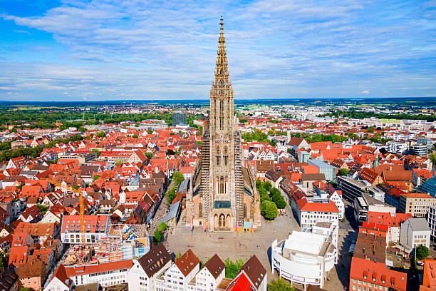 Ulm Minster or Ulmer Munster Cathedral aerial panoramic view, a Lutheran church located in Ulm, Germany. It is currently the tallest church in the world.