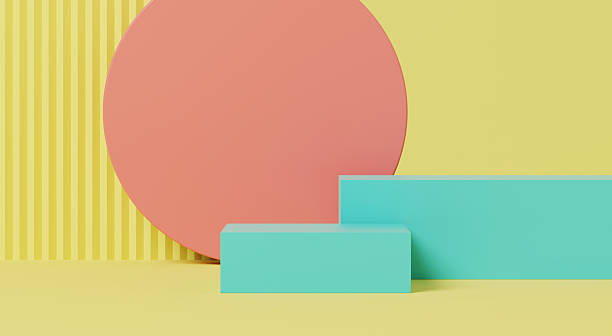istock 3d render, minimal pastel podium with geometric shapes on yellow background 2231802857