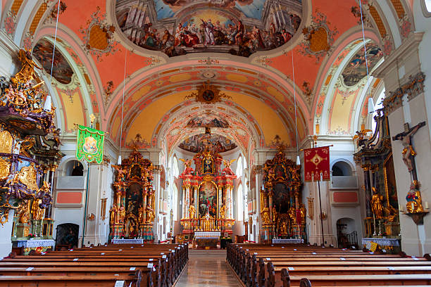 Garmisch-Partenkirchen, Germany - July 02, 2021: Parish Church of St. Martin interior in Garmisch Partenkirchen town in Bavaria, southern Germany