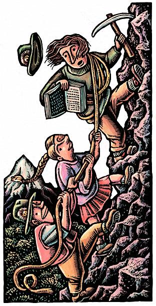 woman teaches boy and girl from a book while they are climbing a mountain