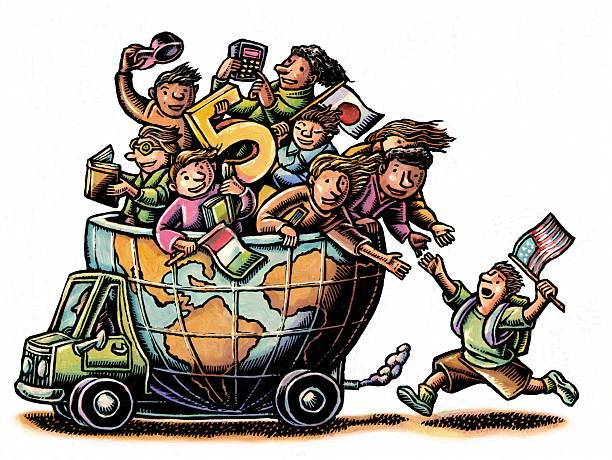 globe truck filled with international child students reach to raise american student on to the bus