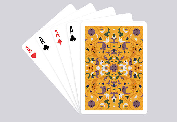 istock Vector illustration of playing card back and four aces in a fan. Classic casino style with spade, heart, club, and diamond. Perfect for poker, gambling, luck, and entertainment designs. Poker size. 2231814955