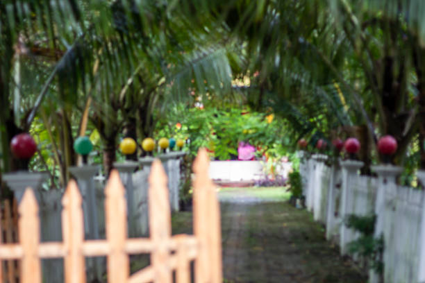 A picturesque pathway winds through a lush tropical garden, flanked by tall palm trees and adorned with vibrant, spherical decorations on posts.