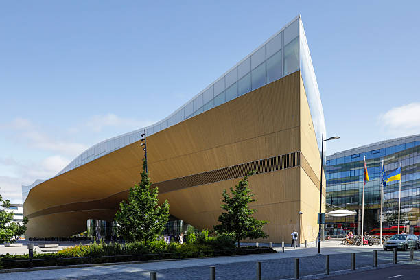 Part of the exterior of the Helsinki Central Library Oodi (Helsingin keskustakirjasto Oodi / Helsingfors centrumbibliotek Ode)(ALA Architects, 2018), in the Kluuvi district of Helsinki, Finland.